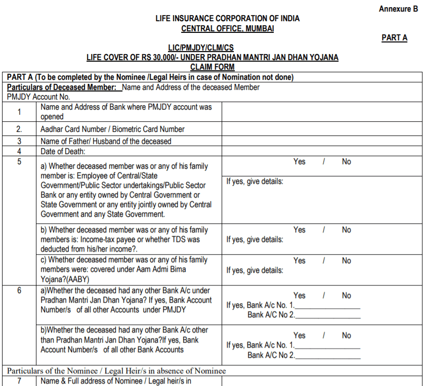 जन धन योजना इंश्योरेंस कवर फॉर्म डाउनलोड करने की प्रक्रिया (Claim Form)